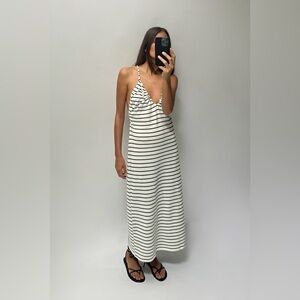 Zara Women’s White Black Striped knit Maxi Dress coastal Crisscross Back size L